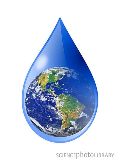 Global water supply. Conceptual artwork of the Earth inside a water droplet. This represents global water supplies and conservation of the Earth's water resources. Increasing population levels, and demands from industry, are putting increasing pressure on the world's fresh water supplies.
